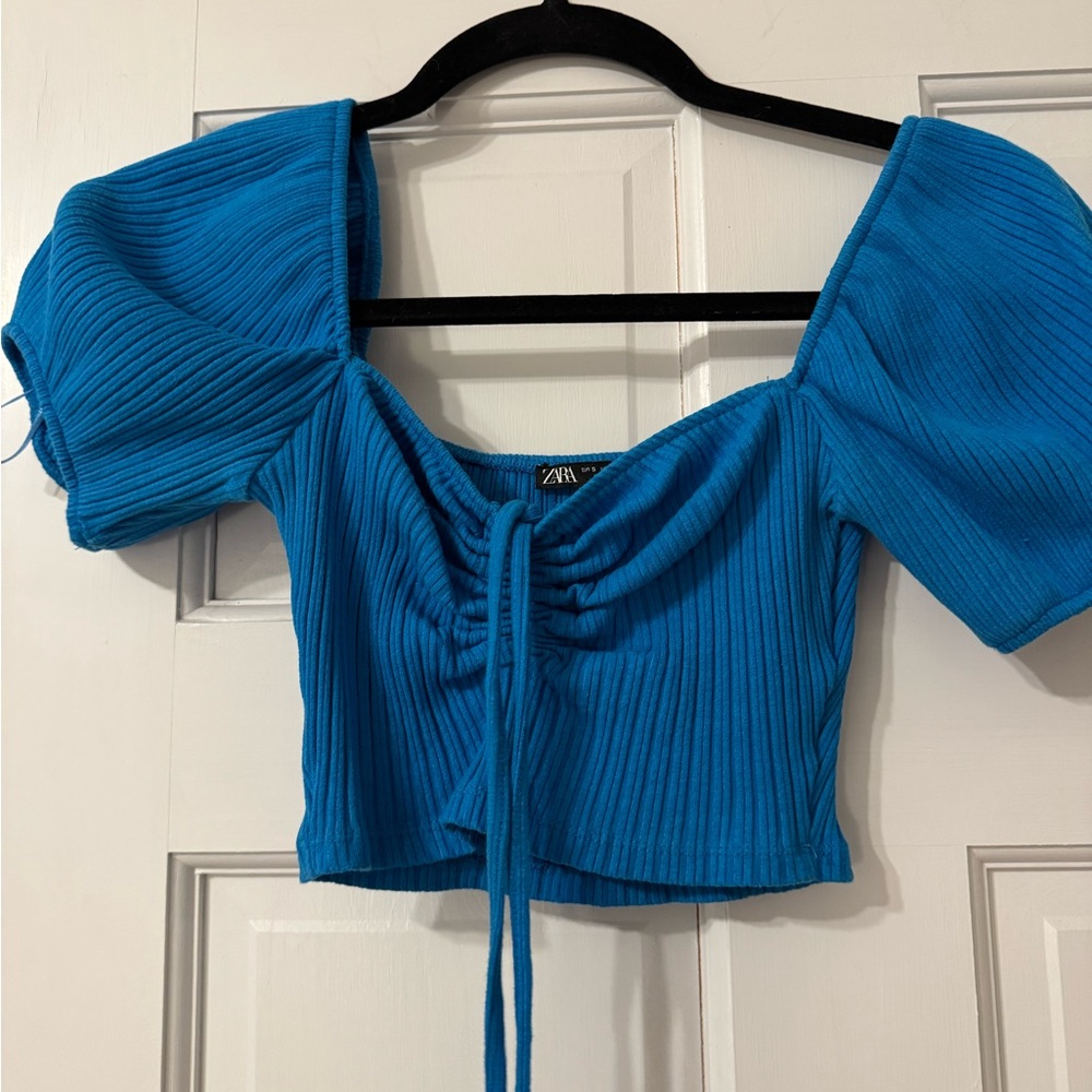 Zara Blue Ribbed Puff Sleeve Top